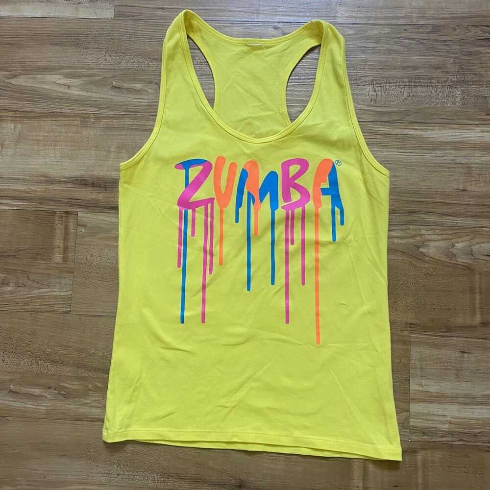 Zumba Drip Fitness Women S Bright Yellow  Activewear Spell Out Racerback Tank